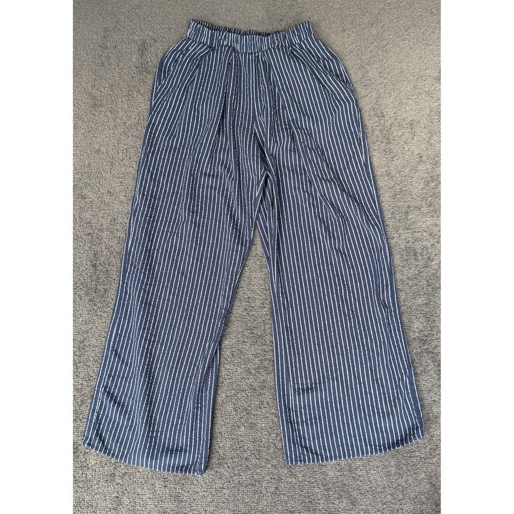 Sienna Sky Navy White Striped Wide Leg Linen Blend Pants RP2138 Small
